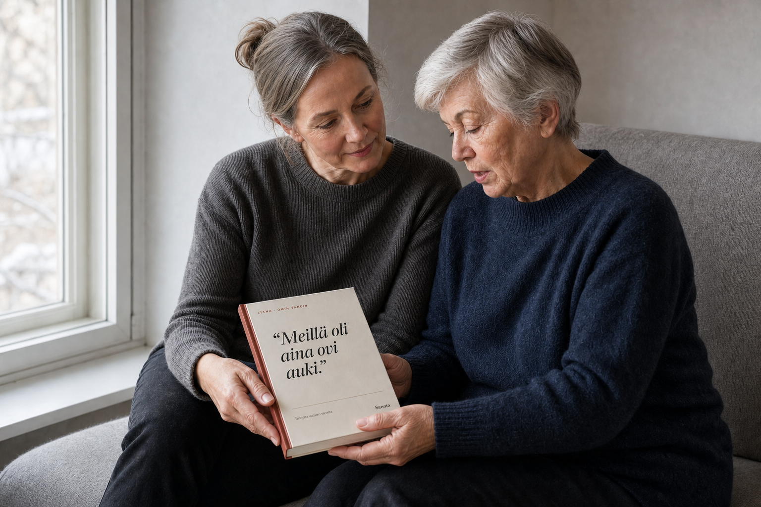 A mother and daughter with a closed Sanota book in the light of a window