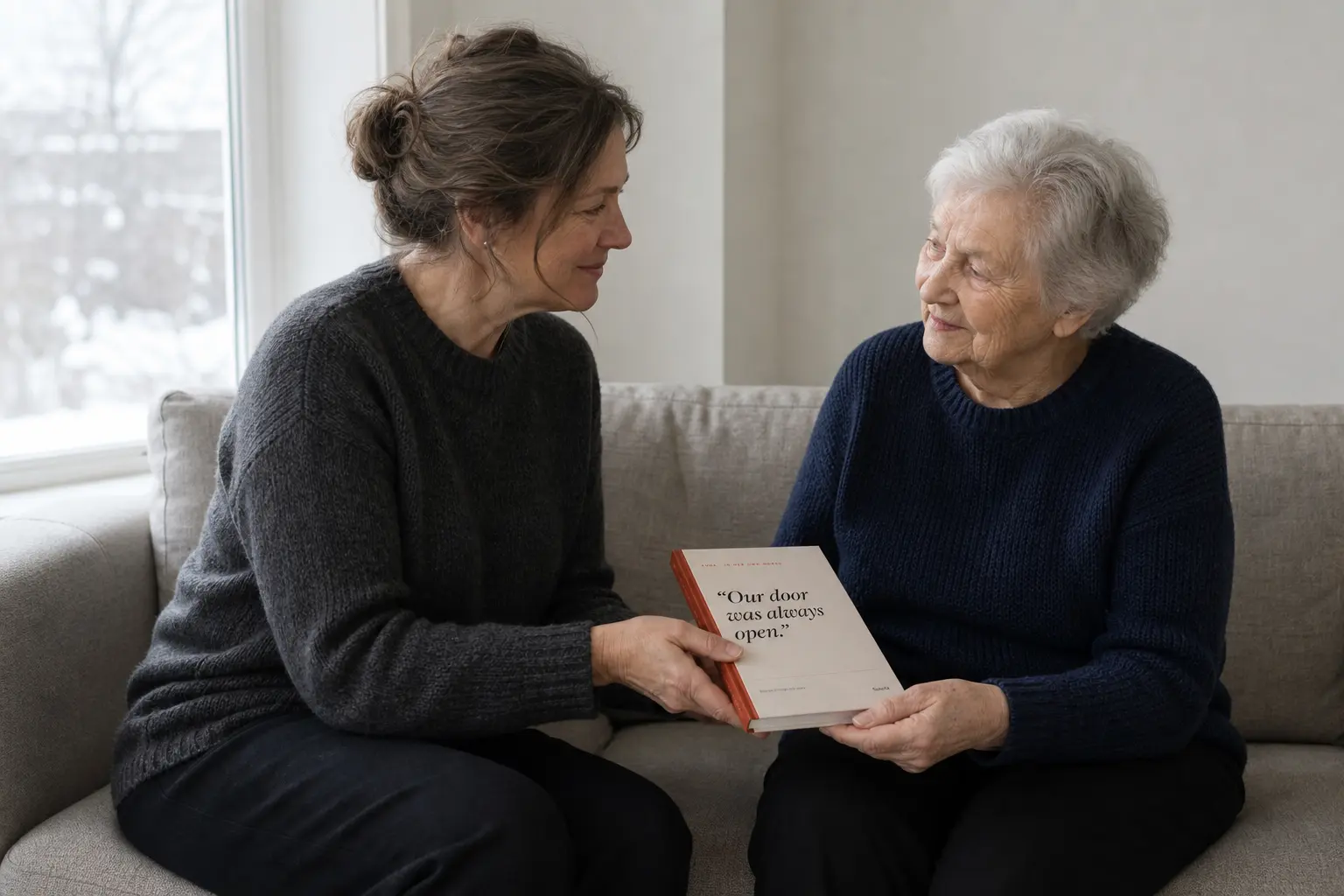A mother and daughter with a closed Sanota book in the light of a window